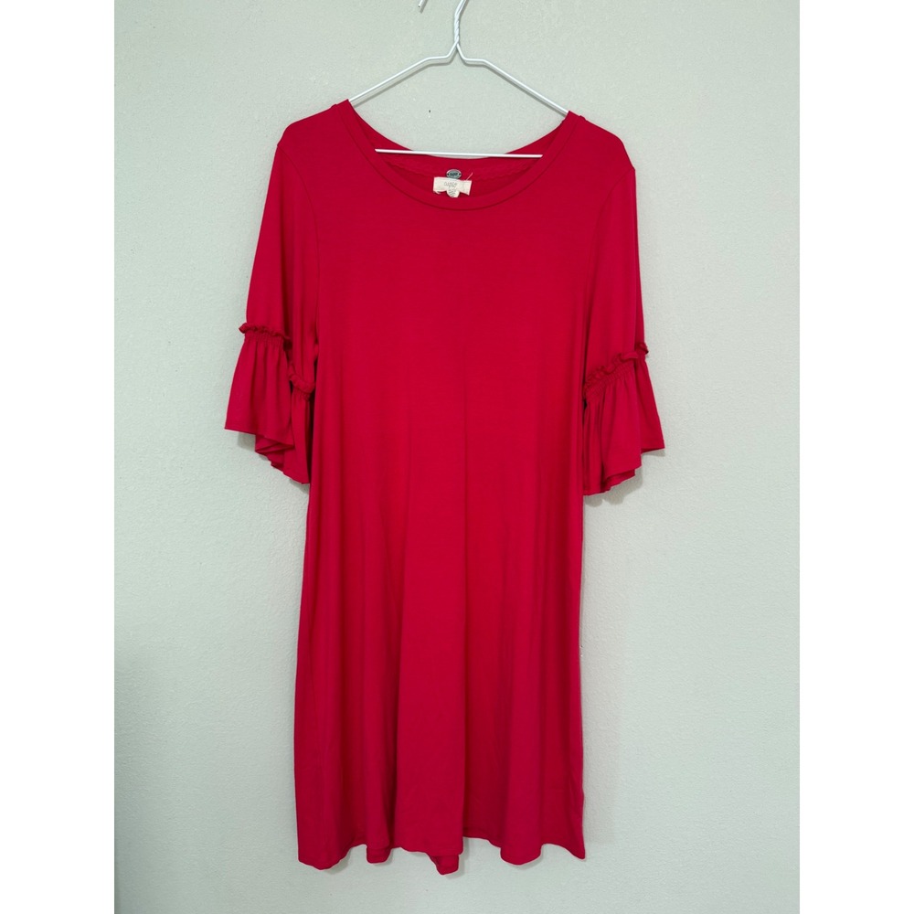Cupio Ruffle Bell Sleeve Dress Womens XL Red Scoop Neck Knit Mini Stretch